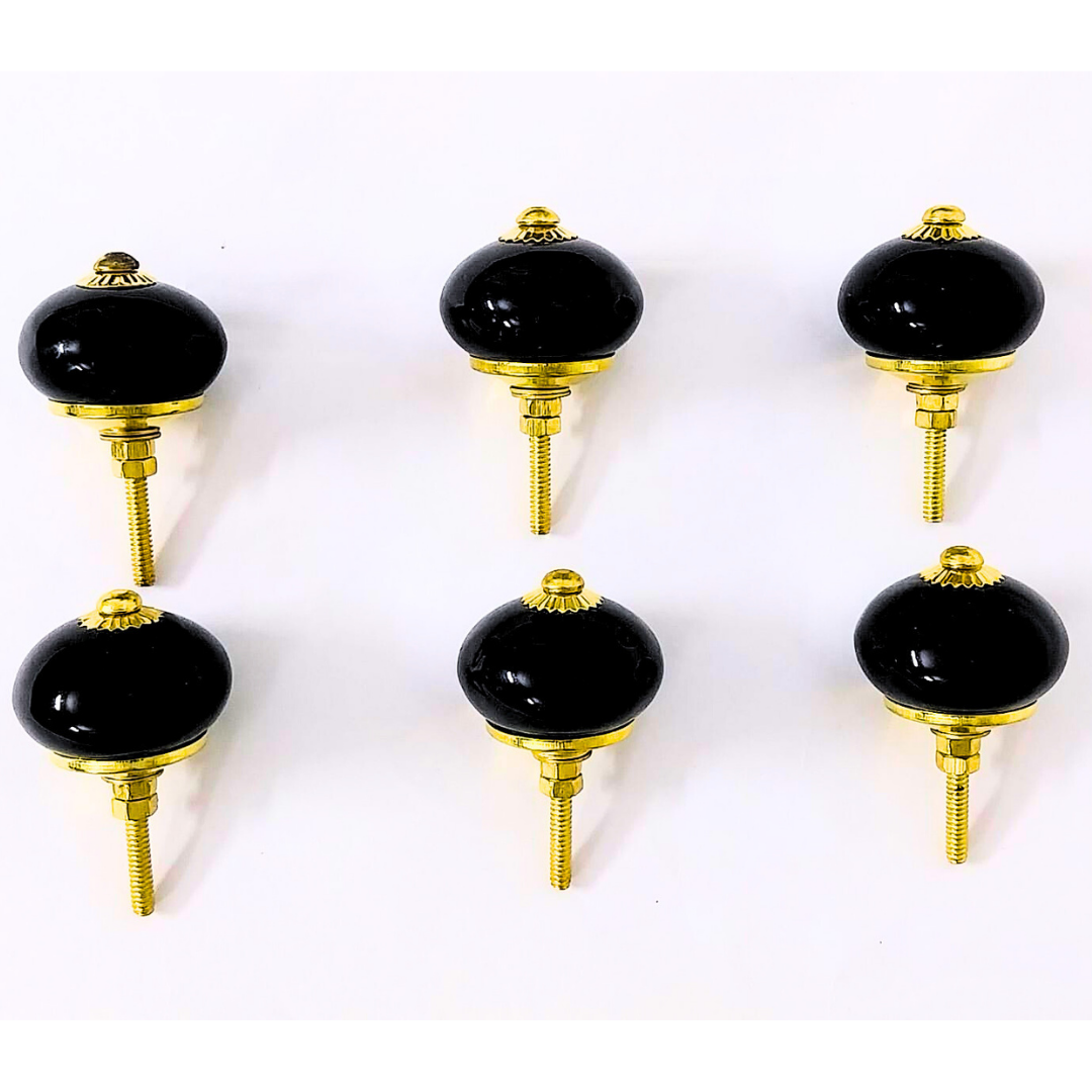 Decorative Ceramic Drawer Knobs, Black with Gold Hardware | Vintage Style Cabinet Pulls | Handcrafted Drawer Handles for Cupboards, Dressers & Wardrobes (Set of 6)
