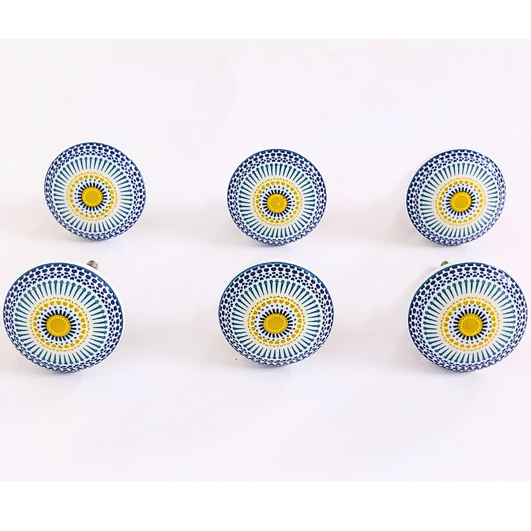 Handcrafted Decorative Ceramic Drawer Knobs with Blue and Yellow Sunburst Pattern | Set of 6 Round Vintage-Style Cabinet Pulls with Metal Hardware | Artistic Handles for Drawers