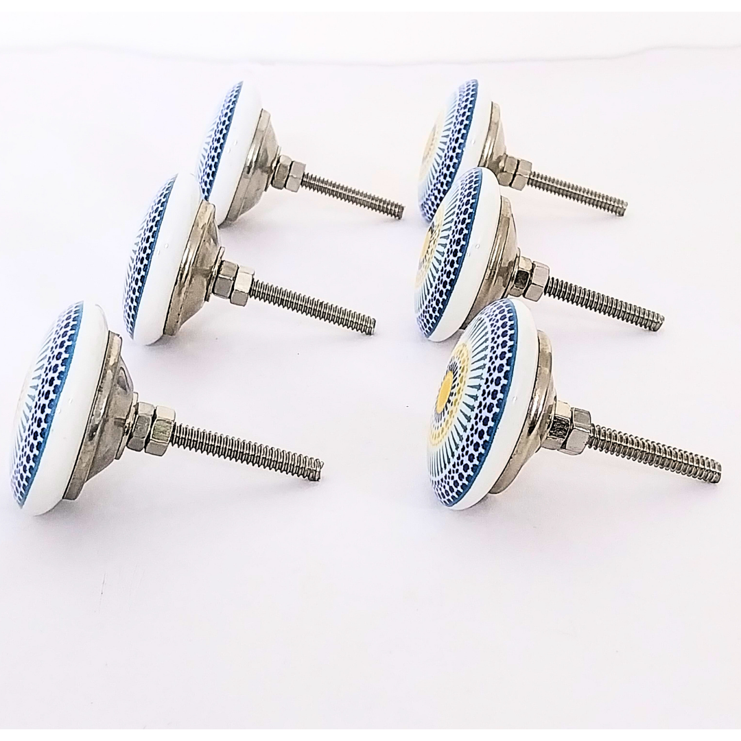 Handcrafted Decorative Ceramic Drawer Knobs with Blue and Yellow Sunburst Pattern | Set of 6 Round Vintage-Style Cabinet Pulls with Metal Hardware | Artistic Handles for Drawers
