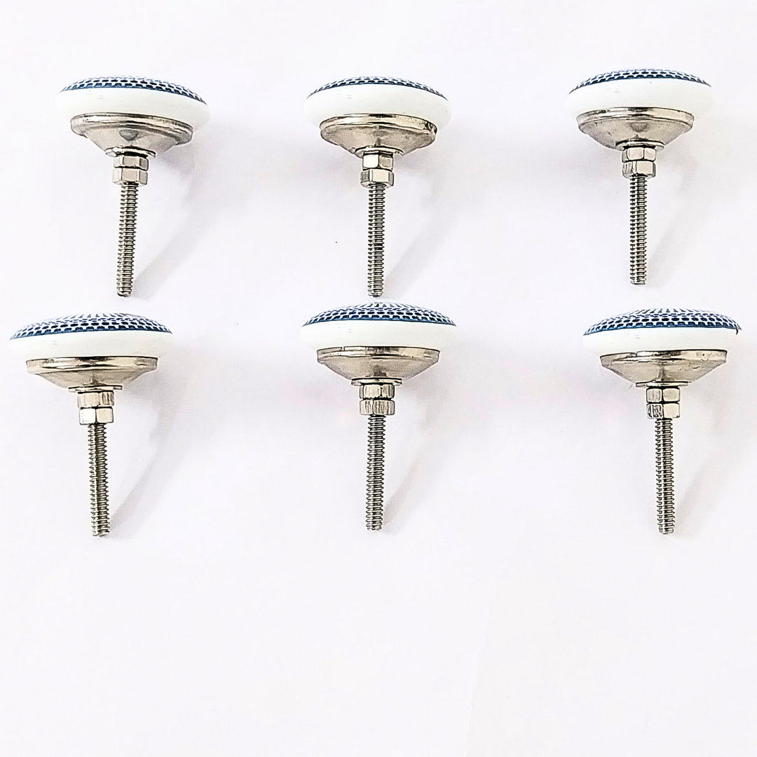 Handcrafted Decorative Ceramic Drawer Knobs with Blue and Yellow Sunburst Pattern | Set of 6 Round Vintage-Style Cabinet Pulls with Metal Hardware | Artistic Handles for Drawers