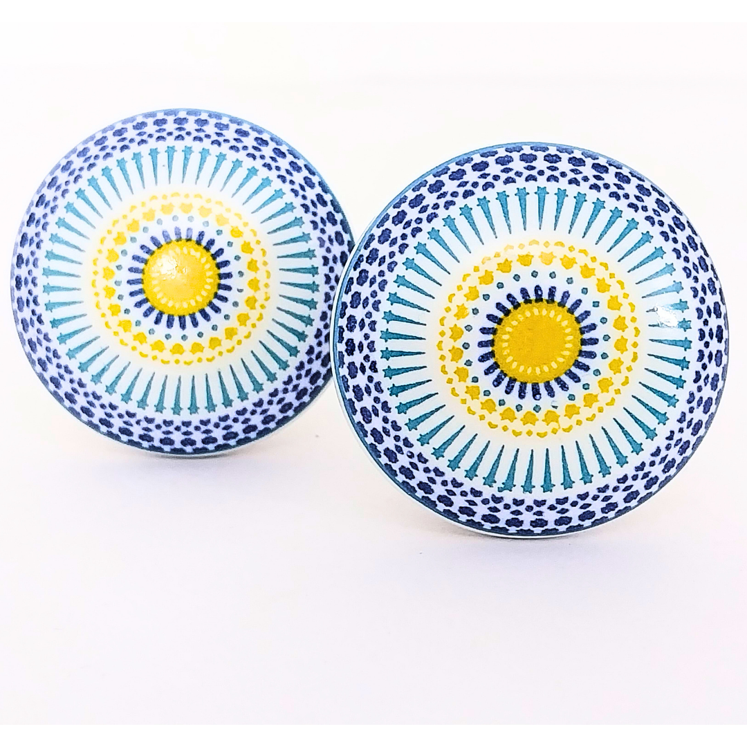 Handcrafted Decorative Ceramic Drawer Knobs with Blue and Yellow Sunburst Pattern | Set of 6 Round Vintage-Style Cabinet Pulls with Metal Hardware | Artistic Handles for Drawers