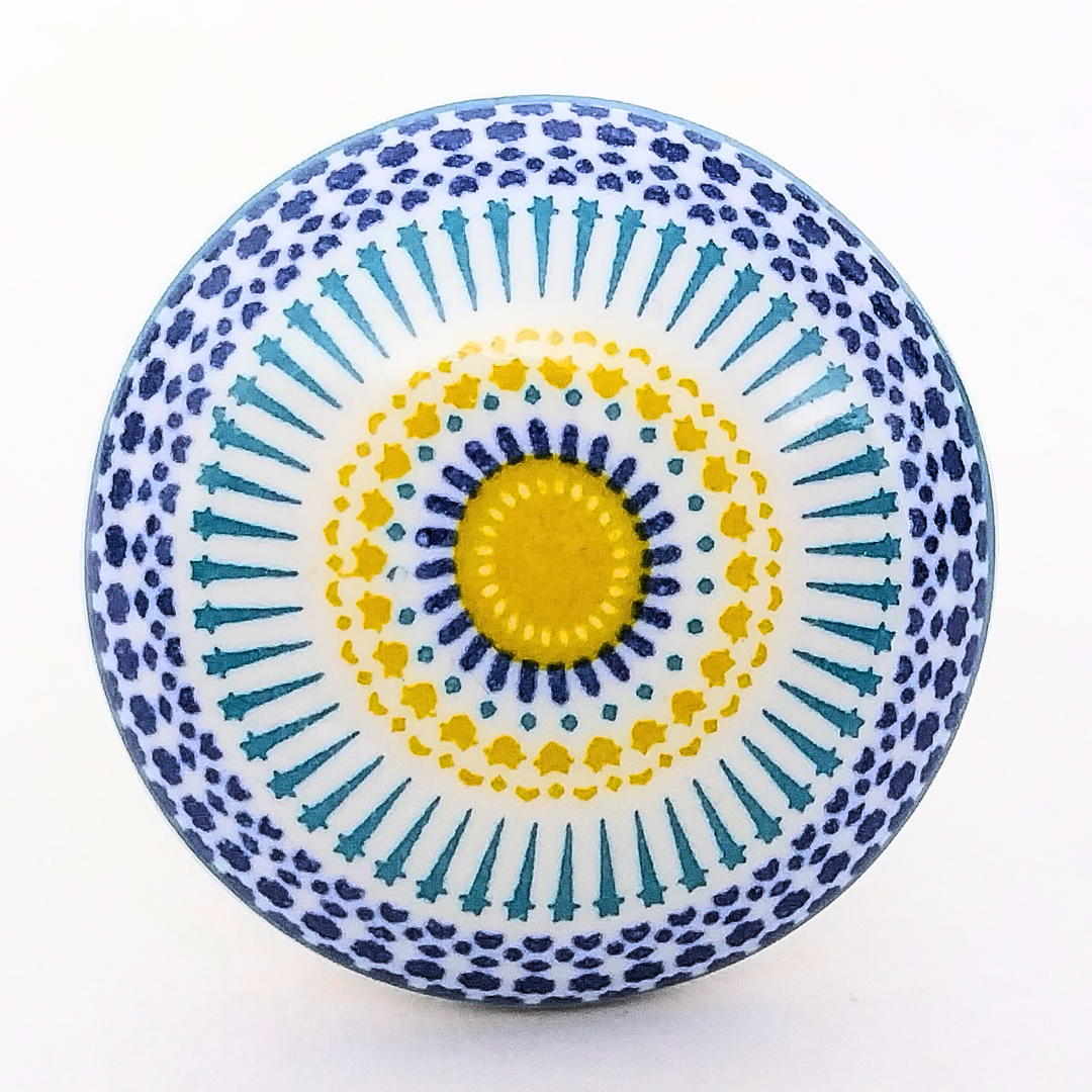 Handcrafted Decorative Ceramic Drawer Knobs with Blue and Yellow Sunburst Pattern | Set of 6 Round Vintage-Style Cabinet Pulls with Metal Hardware | Artistic Handles for Drawers