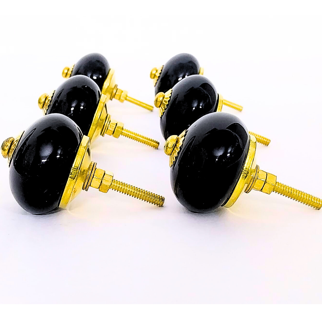 Decorative Ceramic Drawer Knobs, Black with Gold Hardware | Vintage Style Cabinet Pulls | Handcrafted Drawer Handles for Cupboards, Dressers & Wardrobes (Set of 6)