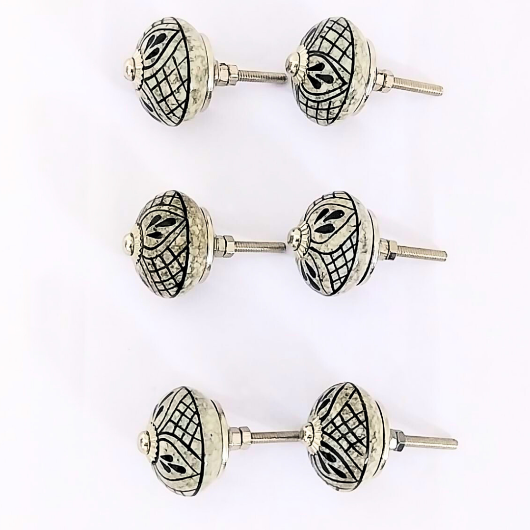 Vintage Style Ceramic Drawer Knobs with Floral Grid Pattern | Set of 6 Antique White and Black Round Cabinet Pulls | Handcrafted Decorative Handles for Drawers