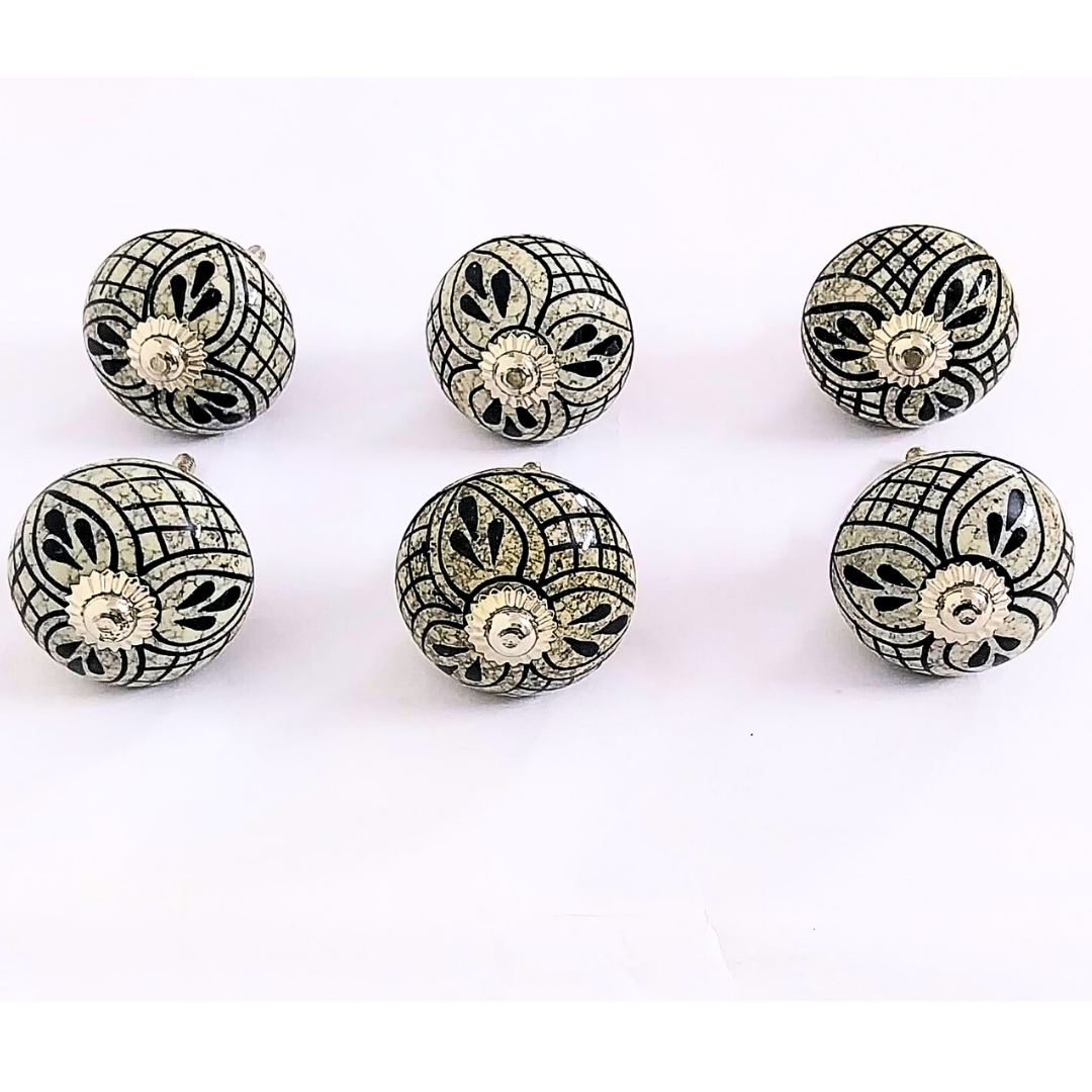 Vintage Style Ceramic Drawer Knobs with Floral Grid Pattern | Set of 6 Antique White and Black Round Cabinet Pulls | Handcrafted Decorative Handles for Drawers