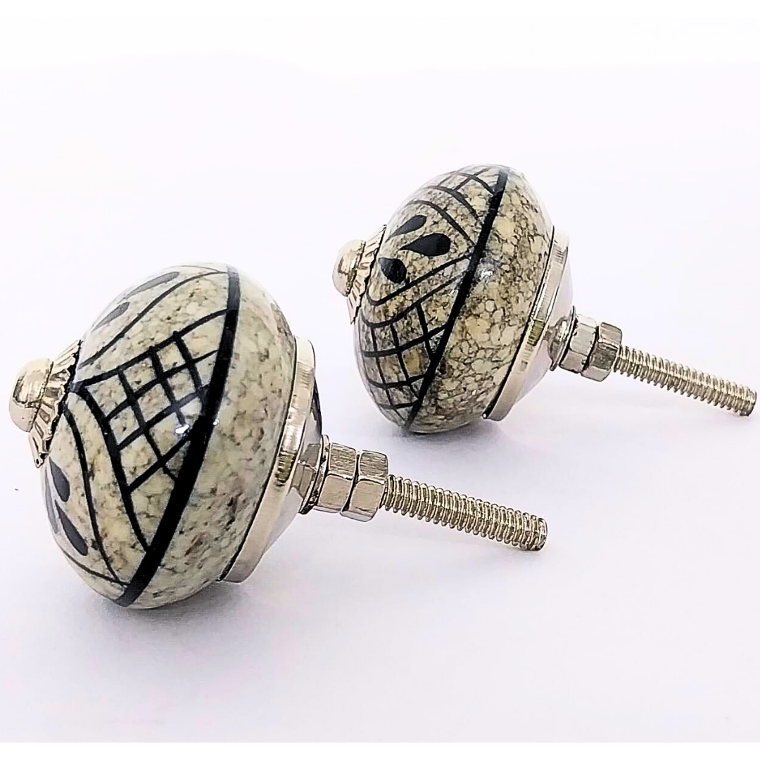 Vintage Style Ceramic Drawer Knobs with Floral Grid Pattern | Set of 6 Antique White and Black Round Cabinet Pulls | Handcrafted Decorative Handles for Drawers