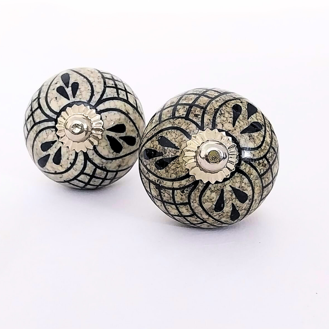 Vintage Style Ceramic Drawer Knobs with Floral Grid Pattern | Set of 6 Antique White and Black Round Cabinet Pulls | Handcrafted Decorative Handles for Drawers
