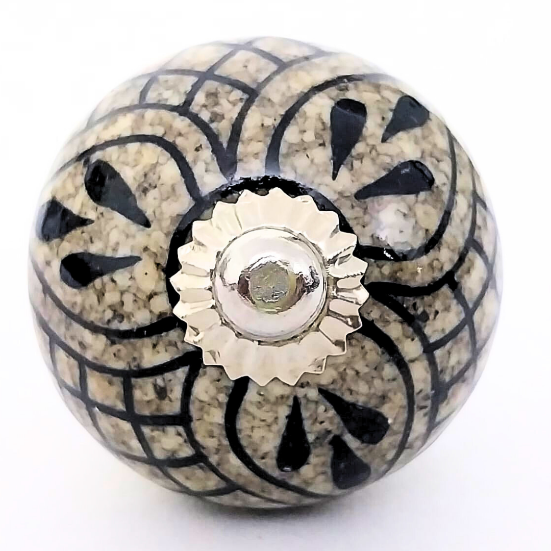 Vintage Style Ceramic Drawer Knobs with Floral Grid Pattern | Set of 6 Antique White and Black Round Cabinet Pulls | Handcrafted Decorative Handles for Drawers