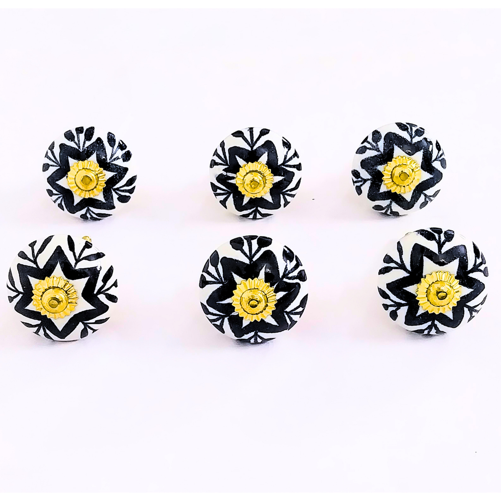 Decorative Ceramic Drawer Knobs, Black and White Floral Pattern with Gold Accents | Handcrafted Cabinet Door Pulls & Drawer Handles | Set of 6 for Dressers, Wardrobes & Cupboards