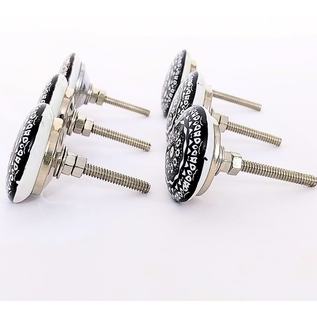 Decorative Ceramic Drawer Knobs with Black and White Mandala Design | Set of 6 Round Cabinet Pulls with Metal Hardware | Handcrafted Vintage-Style Handles for Drawers