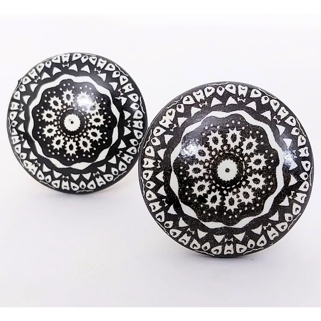 Decorative Ceramic Drawer Knobs with Black and White Mandala Design | Set of 6 Round Cabinet Pulls with Metal Hardware | Handcrafted Vintage-Style Handles for Drawers