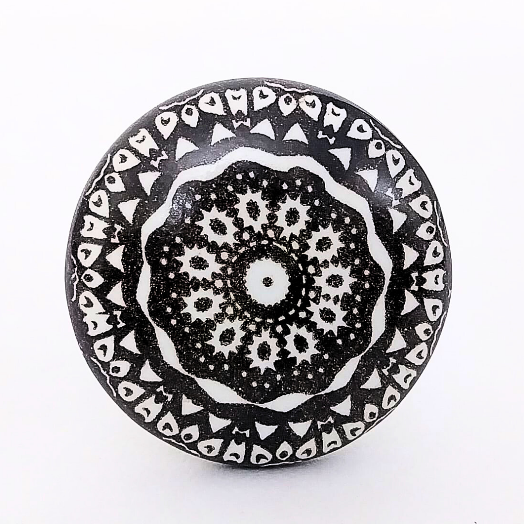 Decorative Ceramic Drawer Knobs with Black and White Mandala Design | Set of 6 Round Cabinet Pulls with Metal Hardware | Handcrafted Vintage-Style Handles for Drawers