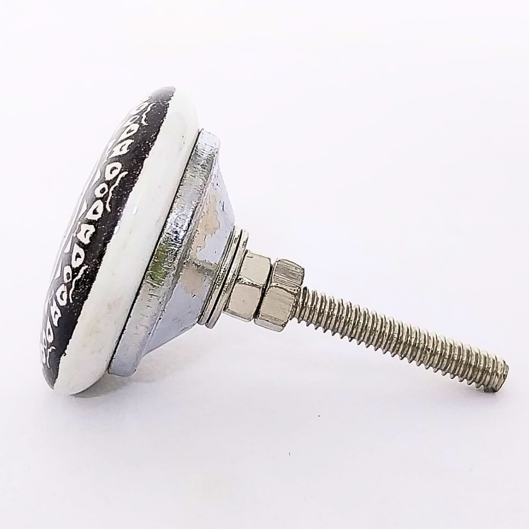 Decorative Ceramic Drawer Knobs with Black and White Mandala Design | Set of 6 Round Cabinet Pulls with Metal Hardware | Handcrafted Vintage-Style Handles for Drawers