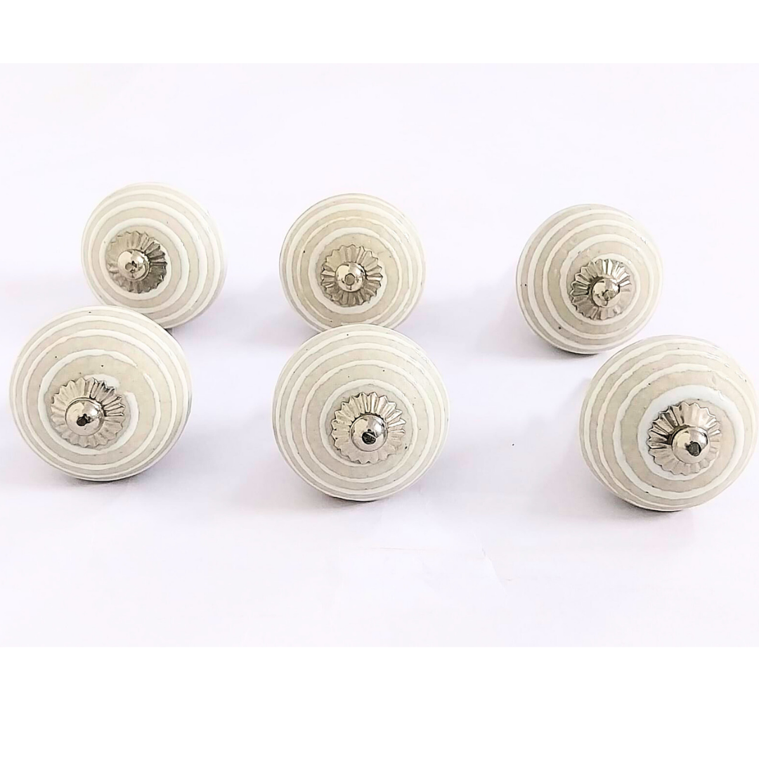 Decorative Ceramic Drawer Knobs, White with Beige Stripes | Set of 6 Round Vintage-Style Cabinet Pulls with Metal Hardware | Handcrafted Decorative Handles for Drawers