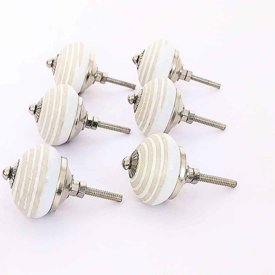 Decorative Ceramic Drawer Knobs, White with Beige Stripes | Set of 6 Round Vintage-Style Cabinet Pulls with Metal Hardware | Handcrafted Decorative Handles for Drawers