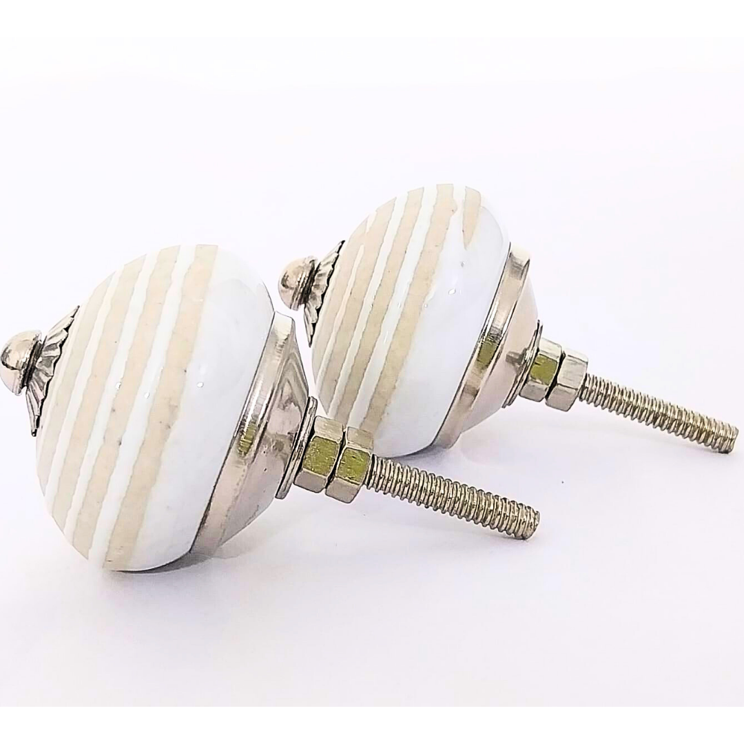 Decorative Ceramic Drawer Knobs, White with Beige Stripes | Set of 6 Round Vintage-Style Cabinet Pulls with Metal Hardware | Handcrafted Decorative Handles for Drawers