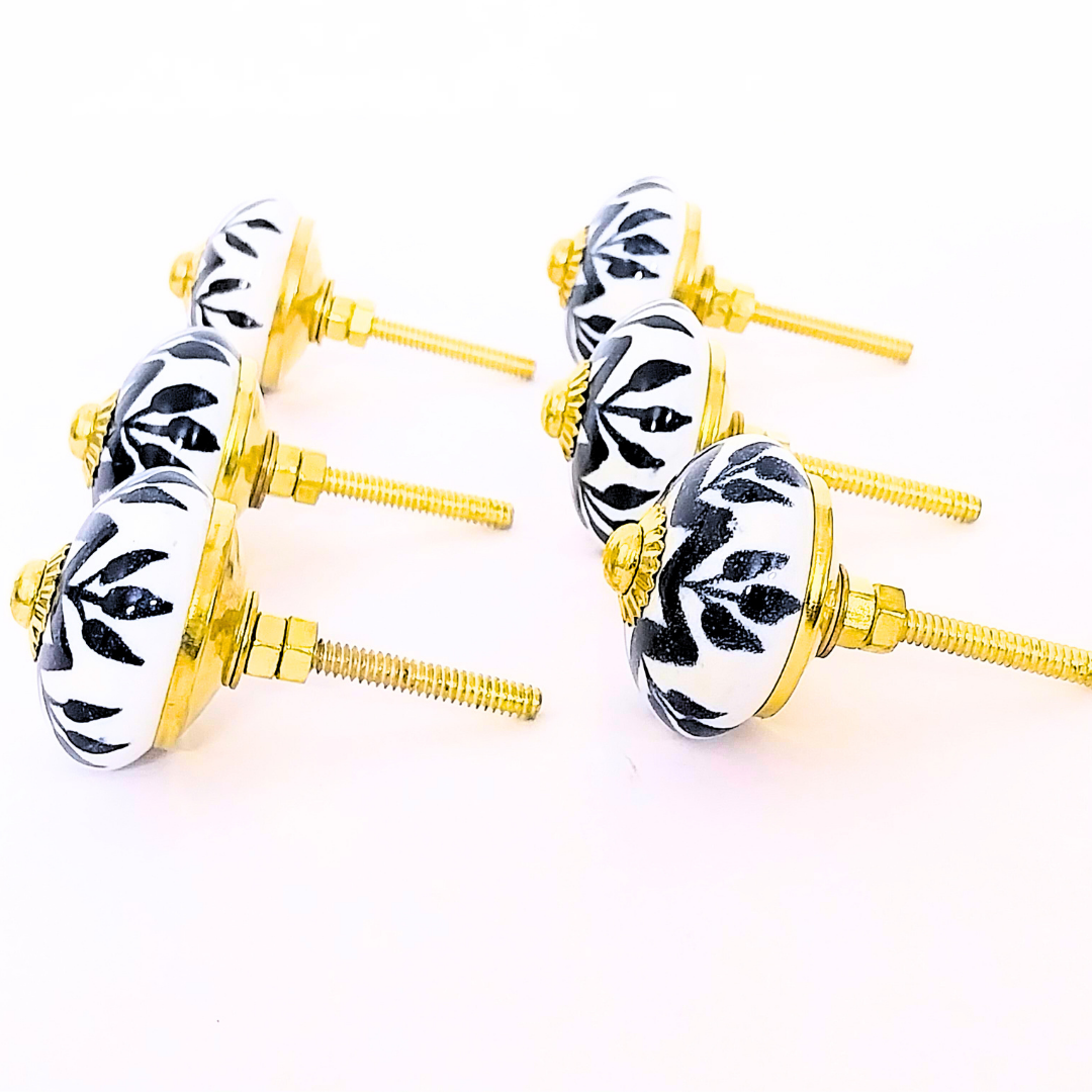 Decorative Ceramic Drawer Knobs, Black and White Floral Pattern with Gold Accents | Handcrafted Cabinet Door Pulls & Drawer Handles | Set of 6 for Dressers, Wardrobes & Cupboards