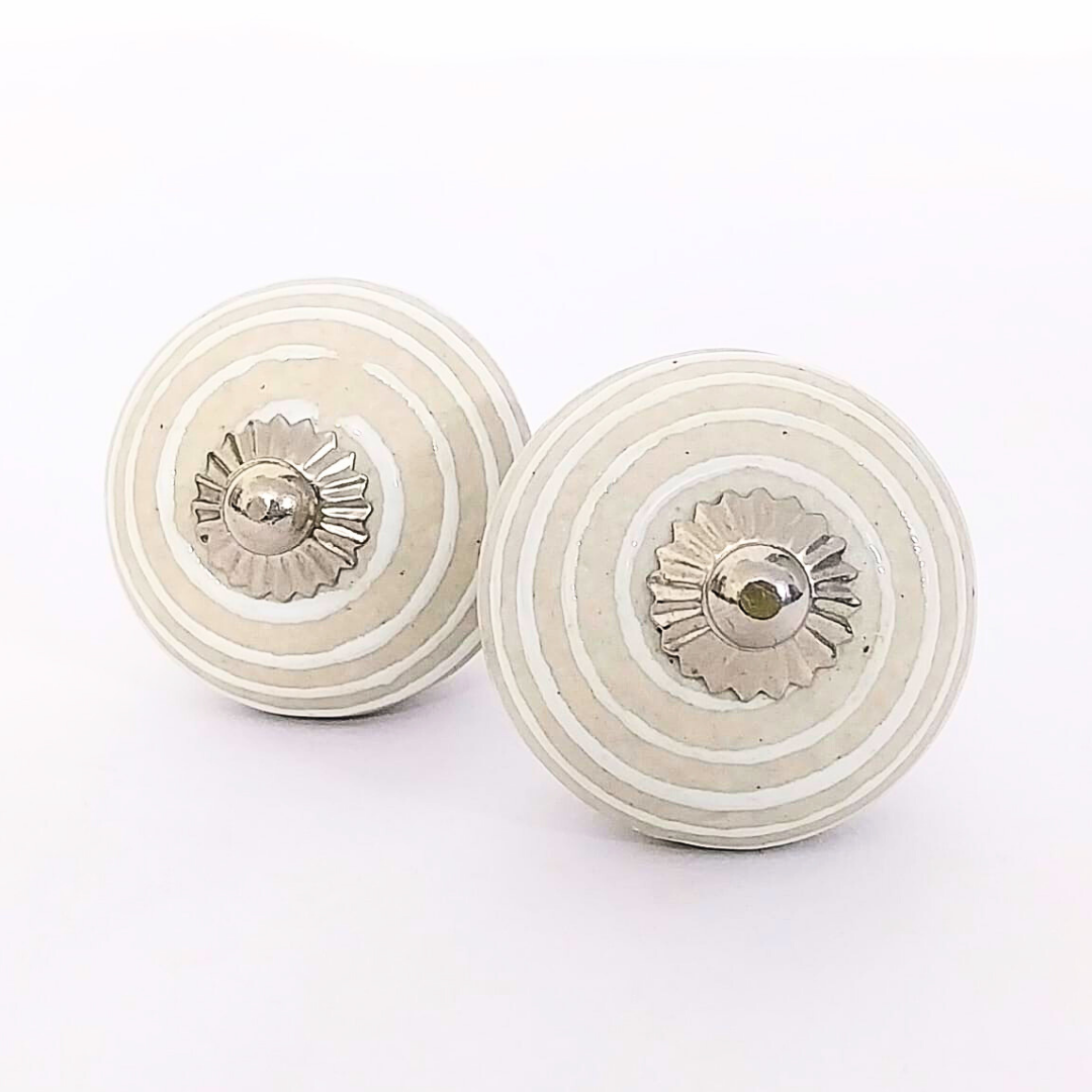 Decorative Ceramic Drawer Knobs, White with Beige Stripes | Set of 6 Round Vintage-Style Cabinet Pulls with Metal Hardware | Handcrafted Decorative Handles for Drawers