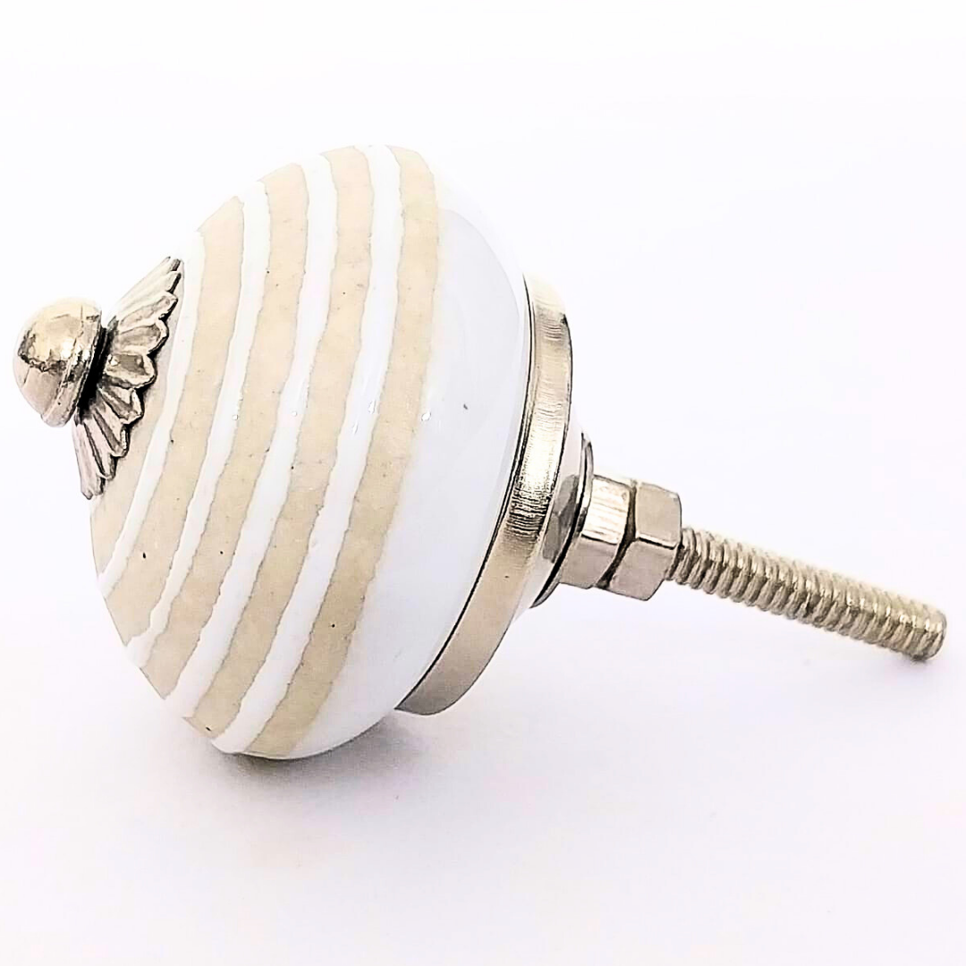 Decorative Ceramic Drawer Knobs, White with Beige Stripes | Set of 6 Round Vintage-Style Cabinet Pulls with Metal Hardware | Handcrafted Decorative Handles for Drawers