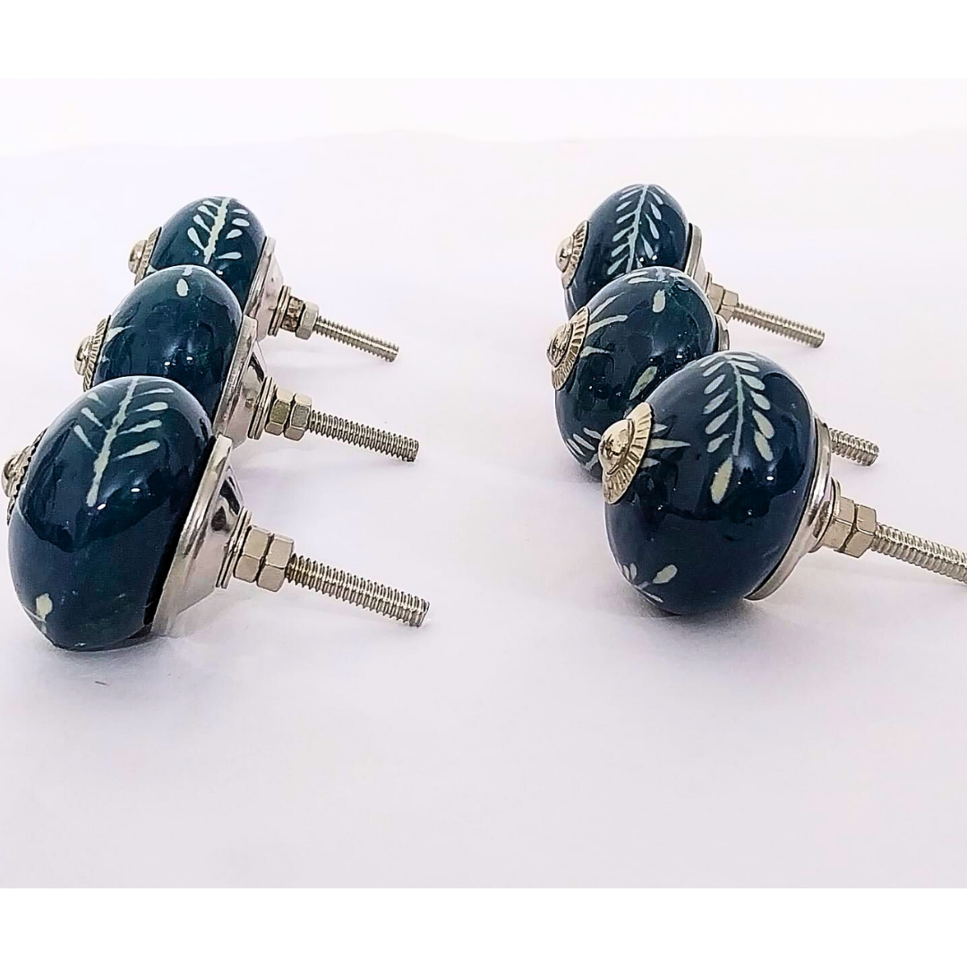 Decorative Ceramic Drawer Knobs, Navy Blue with White Leaf Pattern | Set of 6 Round Cabinet Pulls with Metal Hardware | Handcrafted Vintage-Style Handles for Drawers