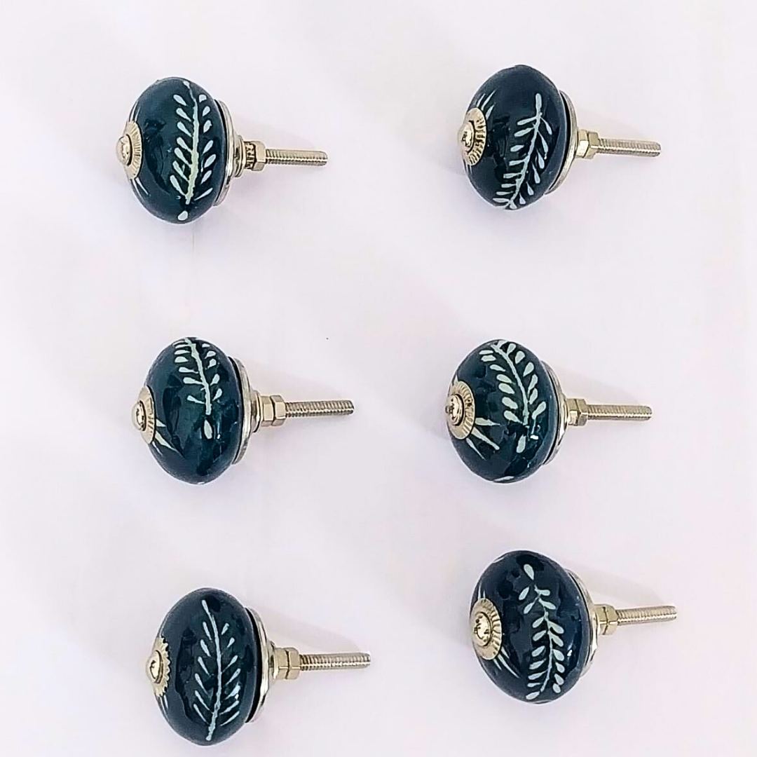 Decorative Ceramic Drawer Knobs, Navy Blue with White Leaf Pattern | Set of 6 Round Cabinet Pulls with Metal Hardware | Handcrafted Vintage-Style Handles for Drawers
