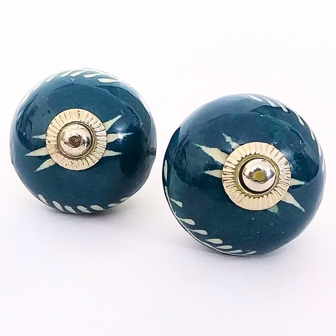 Decorative Ceramic Drawer Knobs, Navy Blue with White Leaf Pattern | Set of 6 Round Cabinet Pulls with Metal Hardware | Handcrafted Vintage-Style Handles for Drawers