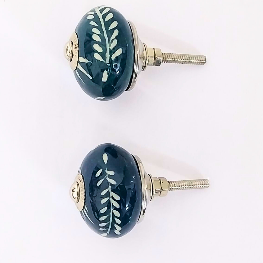Decorative Ceramic Drawer Knobs, Navy Blue with White Leaf Pattern | Set of 6 Round Cabinet Pulls with Metal Hardware | Handcrafted Vintage-Style Handles for Drawers