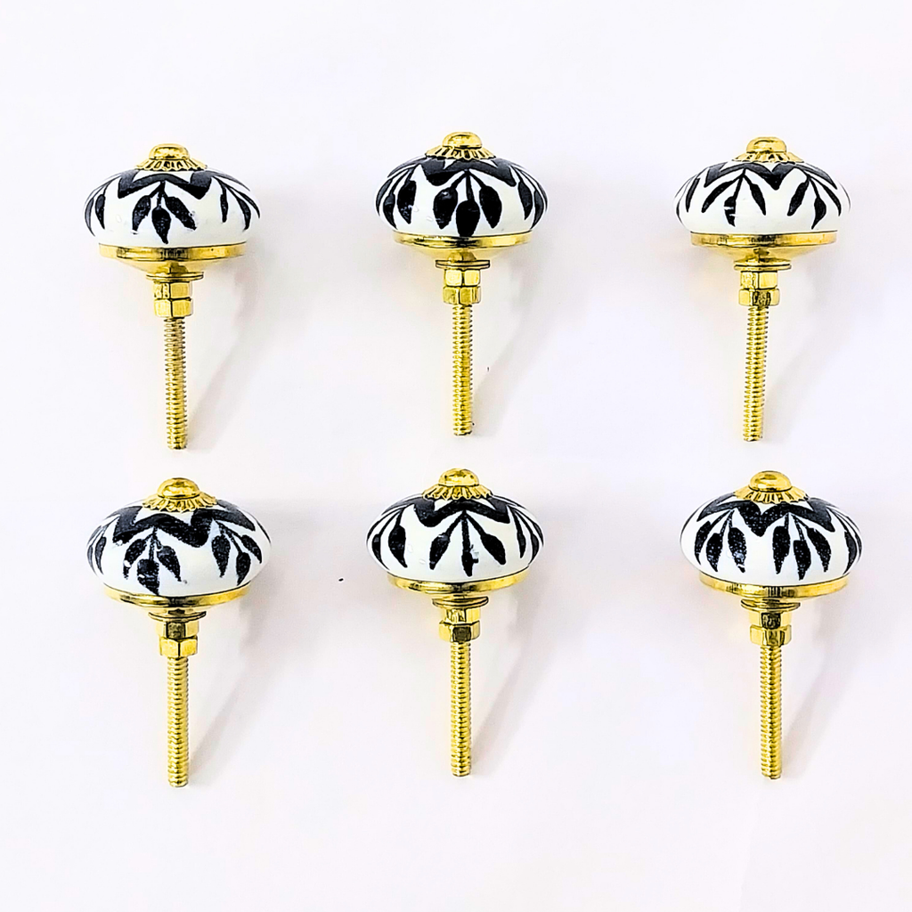 Decorative Ceramic Drawer Knobs, Black and White Floral Pattern with Gold Accents | Handcrafted Cabinet Door Pulls & Drawer Handles | Set of 6 for Dressers, Wardrobes & Cupboards