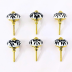 Decorative Ceramic Drawer Knobs, Black and White Floral Pattern with Gold Accents | Handcrafted Cabinet Door Pulls & Drawer Handles | Set of 6 for Dressers, Wardrobes & Cupboards