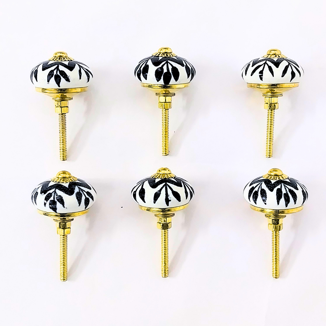 Decorative Ceramic Drawer Knobs, Black and White Floral Pattern with Gold Accents | Handcrafted Cabinet Door Pulls & Drawer Handles | Set of 6 for Dressers, Wardrobes & Cupboards