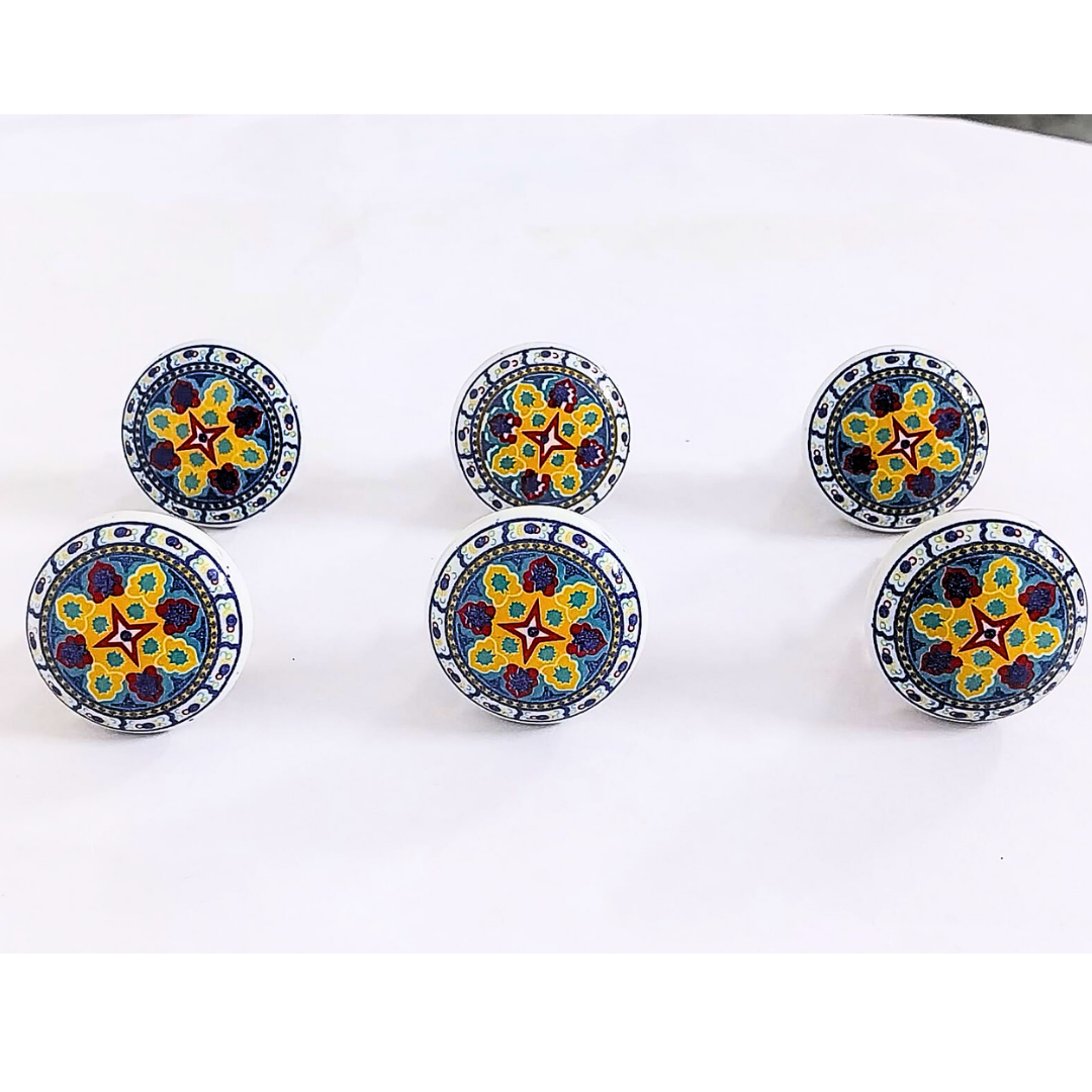 Handcrafted Decorative Ceramic Drawer Knobs with Blue, Yellow & White Floral Pattern | Set of 6 Round Vintage-Style Cabinet Pulls with Metal Hardware | Decorative Handles for Drawers
