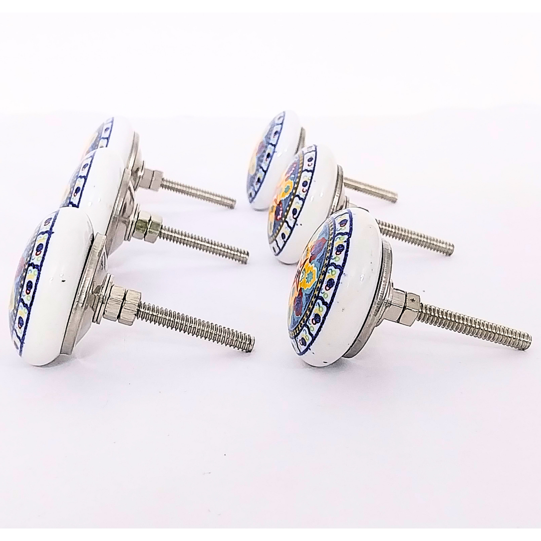 Handcrafted Decorative Ceramic Drawer Knobs with Blue, Yellow & White Floral Pattern | Set of 6 Round Vintage-Style Cabinet Pulls with Metal Hardware | Decorative Handles for Drawers