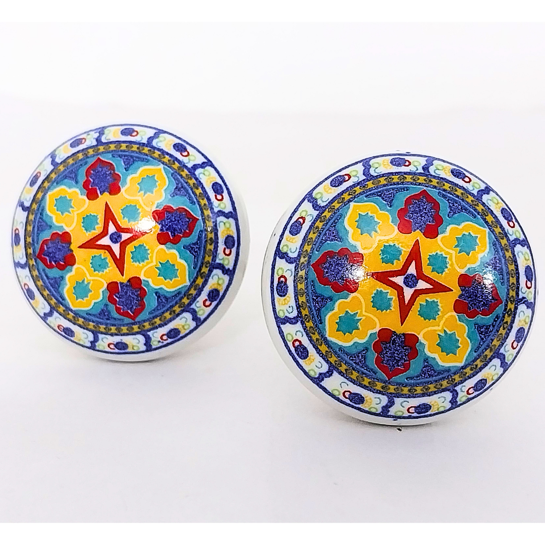 Handcrafted Decorative Ceramic Drawer Knobs with Blue, Yellow & White Floral Pattern | Set of 6 Round Vintage-Style Cabinet Pulls with Metal Hardware | Decorative Handles for Drawers