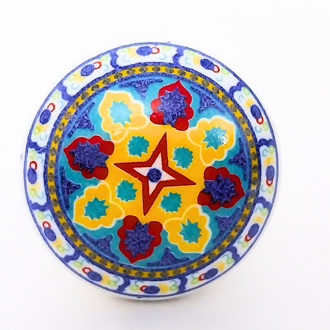 Handcrafted Decorative Ceramic Drawer Knobs with Blue, Yellow & White Floral Pattern | Set of 6 Round Vintage-Style Cabinet Pulls with Metal Hardware | Decorative Handles for Drawers