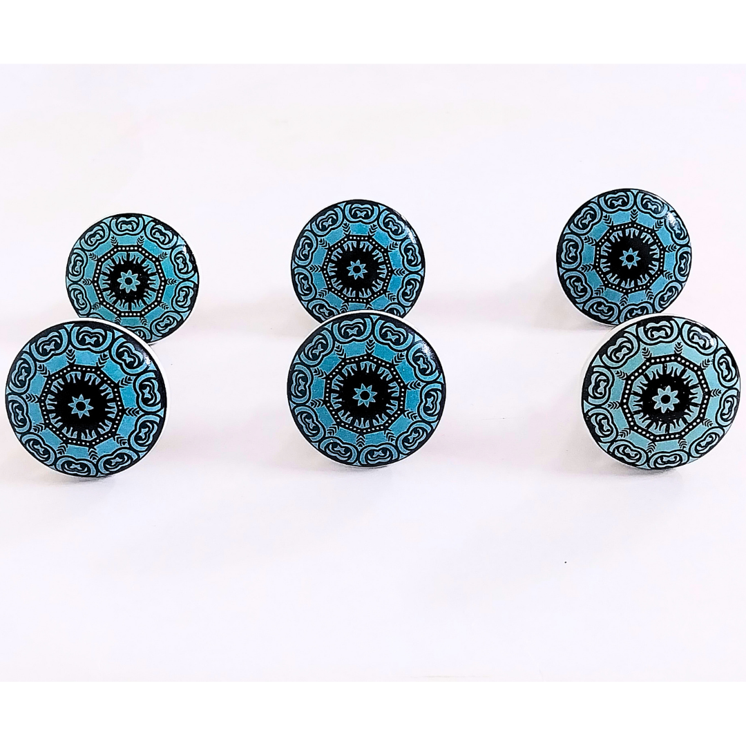 Handcrafted Decorative Ceramic Knobs with Turquoise Mandala Design | Set of 6 Round Drawer Pulls with Black and Blue Pattern | Vintage-Style Cabinet Handles for Drawers