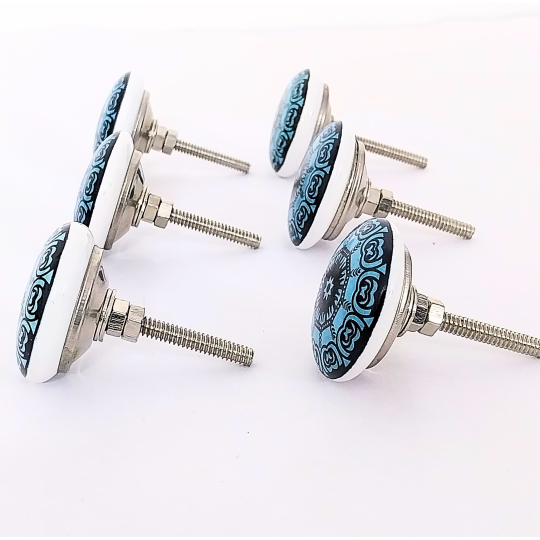 Handcrafted Decorative Ceramic Knobs with Turquoise Mandala Design | Set of 6 Round Drawer Pulls with Black and Blue Pattern | Vintage-Style Cabinet Handles for Drawers