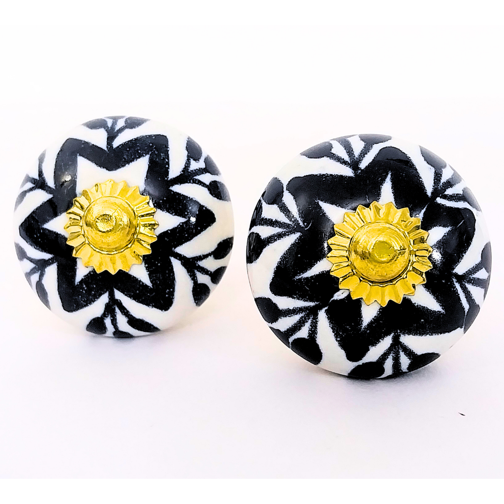 Decorative Ceramic Drawer Knobs, Black and White Floral Pattern with Gold Accents | Handcrafted Cabinet Door Pulls & Drawer Handles | Set of 6 for Dressers, Wardrobes & Cupboards