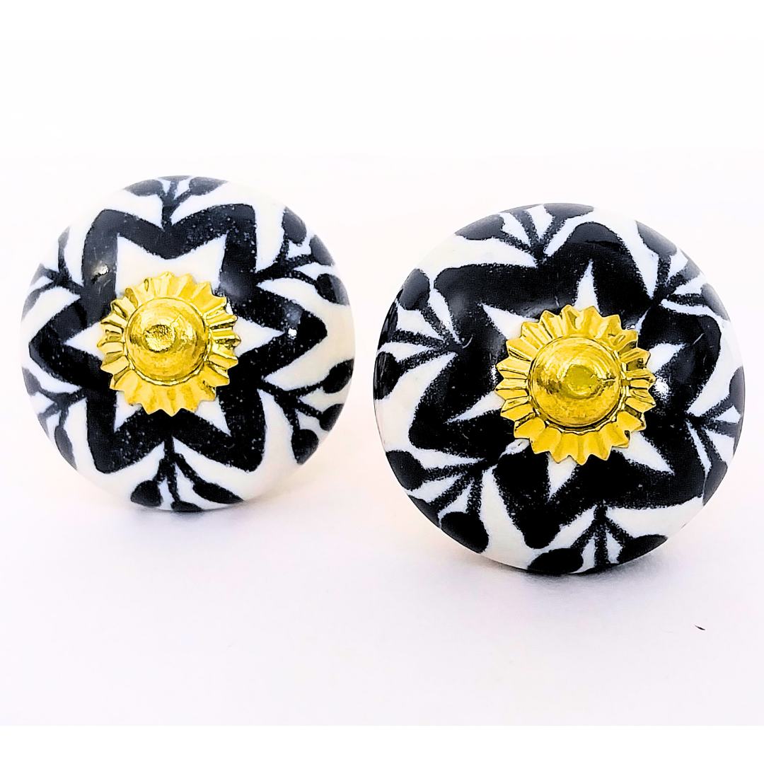 Decorative Ceramic Drawer Knobs, Black and White Floral Pattern with Gold Accents | Handcrafted Cabinet Door Pulls & Drawer Handles | Set of 6 for Dressers, Wardrobes & Cupboards