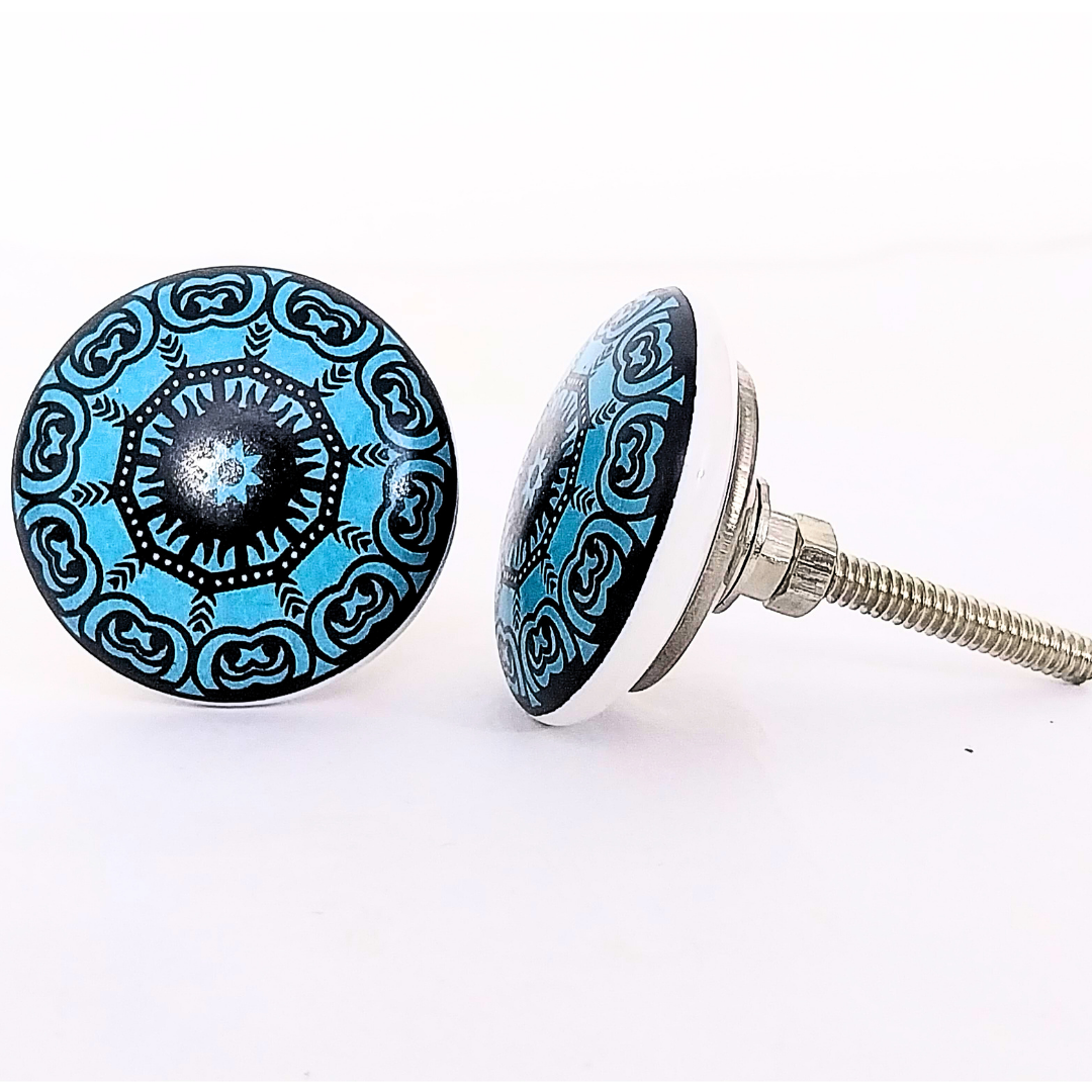Handcrafted Decorative Ceramic Knobs with Turquoise Mandala Design | Set of 6 Round Drawer Pulls with Black and Blue Pattern | Vintage-Style Cabinet Handles for Drawers