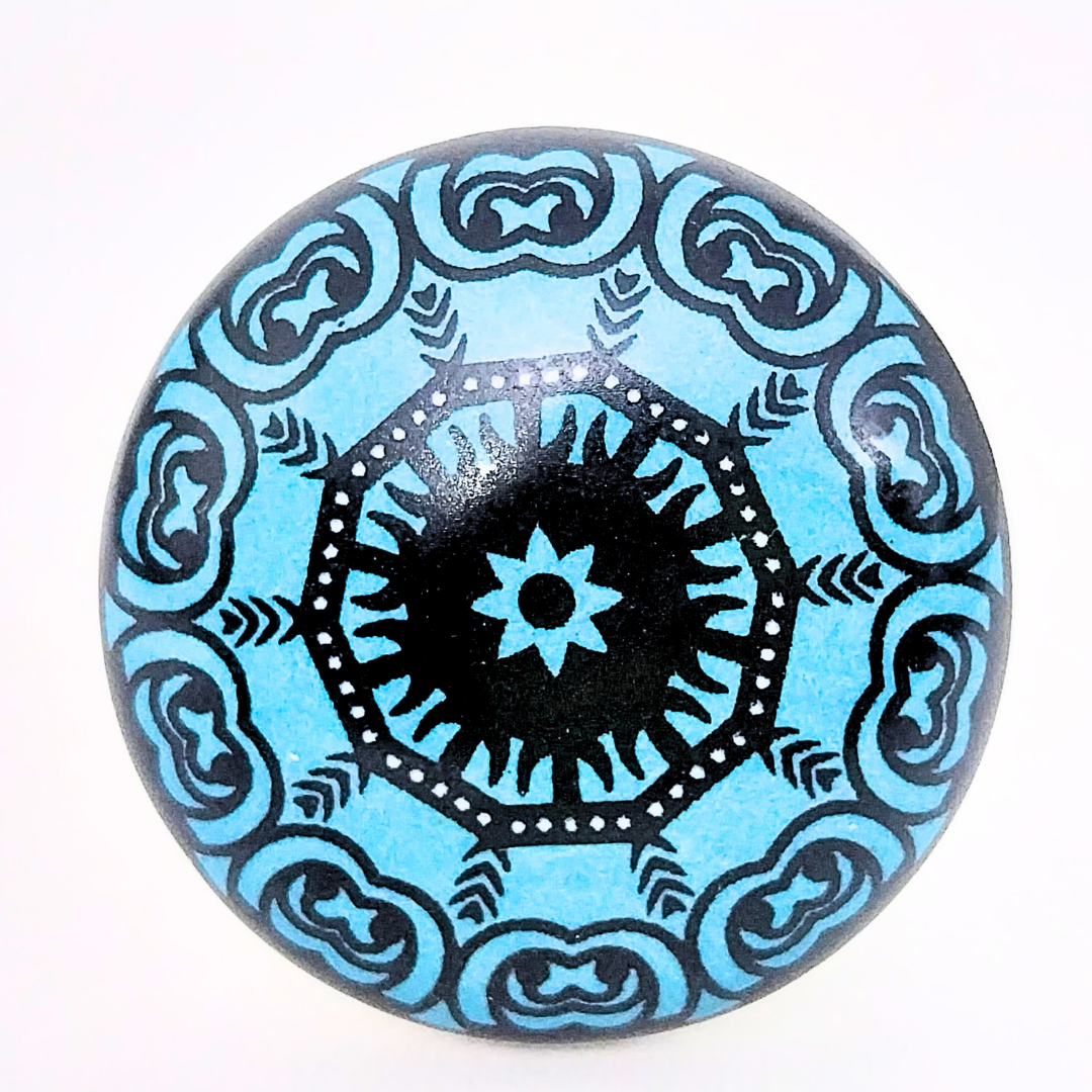Handcrafted Decorative Ceramic Knobs with Turquoise Mandala Design | Set of 6 Round Drawer Pulls with Black and Blue Pattern | Vintage-Style Cabinet Handles for Drawers