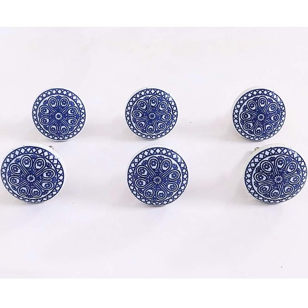 Ceramic Drawer Knobs with Blue and White Floral Pattern, Set of 6, Vintage Style Cabinet Pulls with Metal Hardware