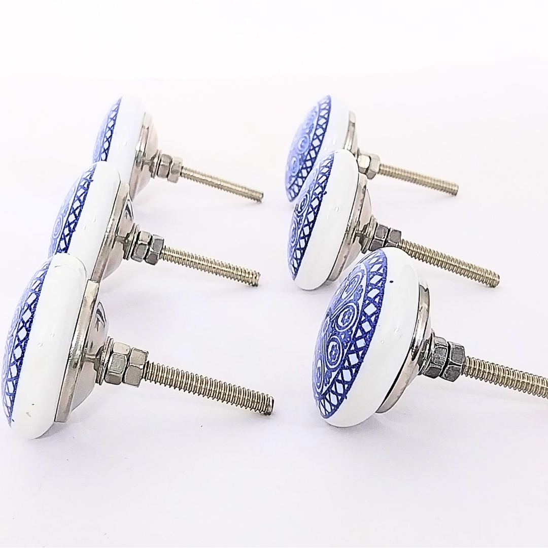 Ceramic Drawer Knobs with Blue and White Floral Pattern, Set of 6, Vintage Style Cabinet Pulls with Metal Hardware