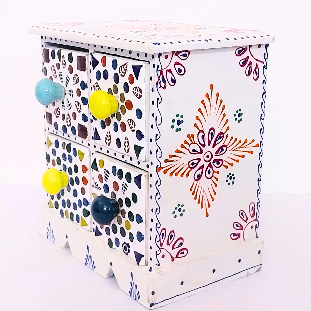 ALLY CRAFTS Decorative Storage Box | Colourful Mosaic Pattern | 4 Compartments | Small Size | White Wooden Organizer | 600g | 17x17x9 cm