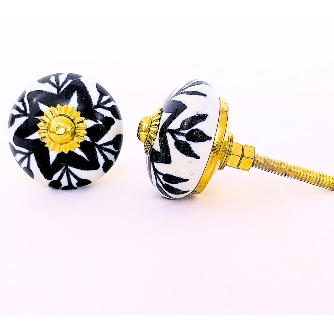 Decorative Ceramic Drawer Knobs, Black and White Floral Pattern with Gold Accents | Handcrafted Cabinet Door Pulls & Drawer Handles | Set of 6 for Dressers, Wardrobes & Cupboards