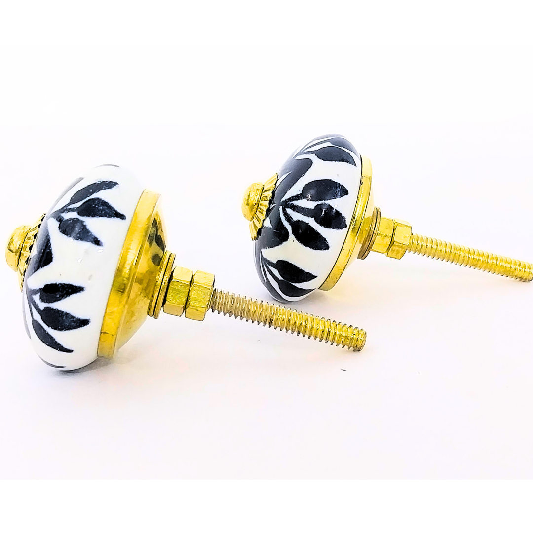 Decorative Ceramic Drawer Knobs, Black and White Floral Pattern with Gold Accents | Handcrafted Cabinet Door Pulls & Drawer Handles | Set of 6 for Dressers, Wardrobes & Cupboards