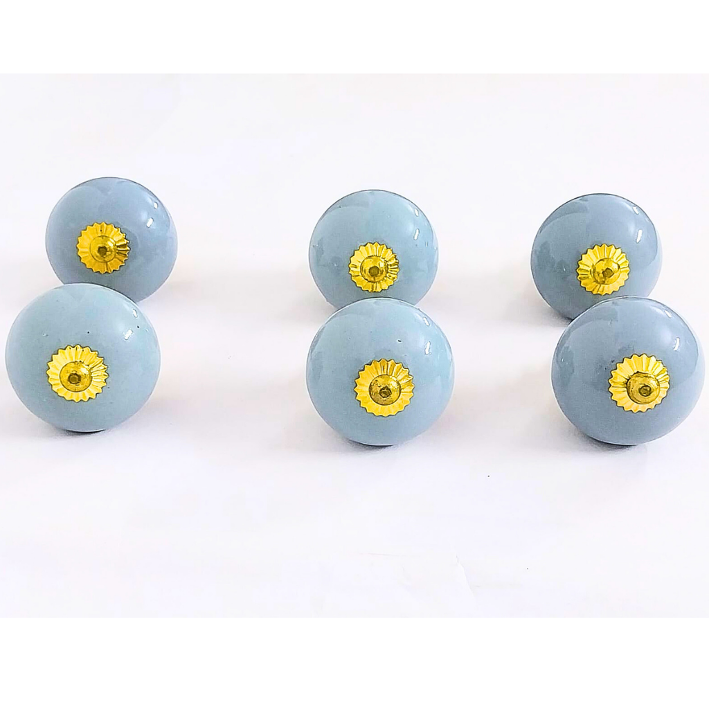 Ceramic Cabinet Knobs, Light Blue with Gold Hardware, Set of 6, Round Drawer Pulls (Rustic, Turquoise Color)