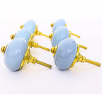 Ceramic Cabinet Knobs, Light Blue with Gold Hardware, Set of 6, Round Drawer Pulls (Rustic, Turquoise Color)