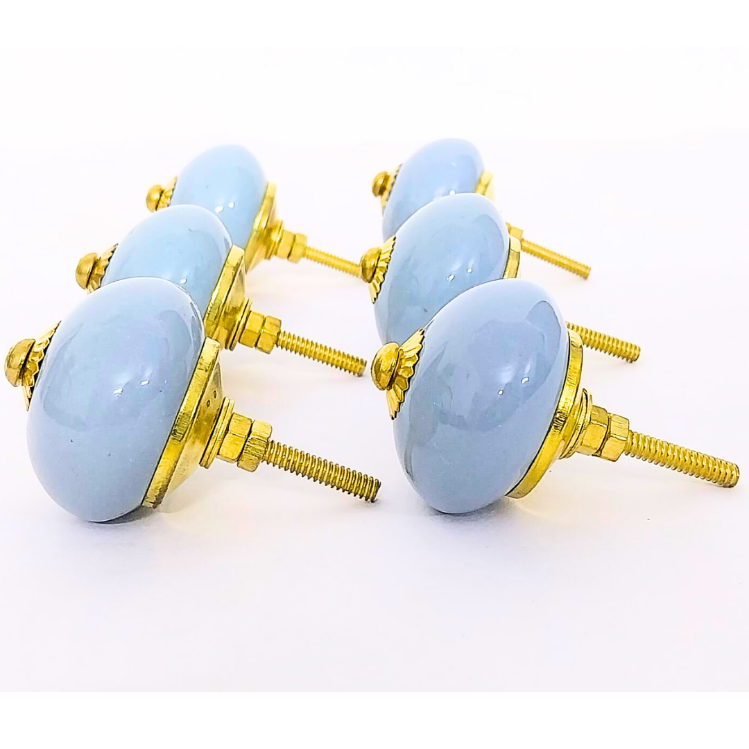 Ceramic Cabinet Knobs, Light Blue with Gold Hardware, Set of 6, Round Drawer Pulls (Rustic, Turquoise Color)