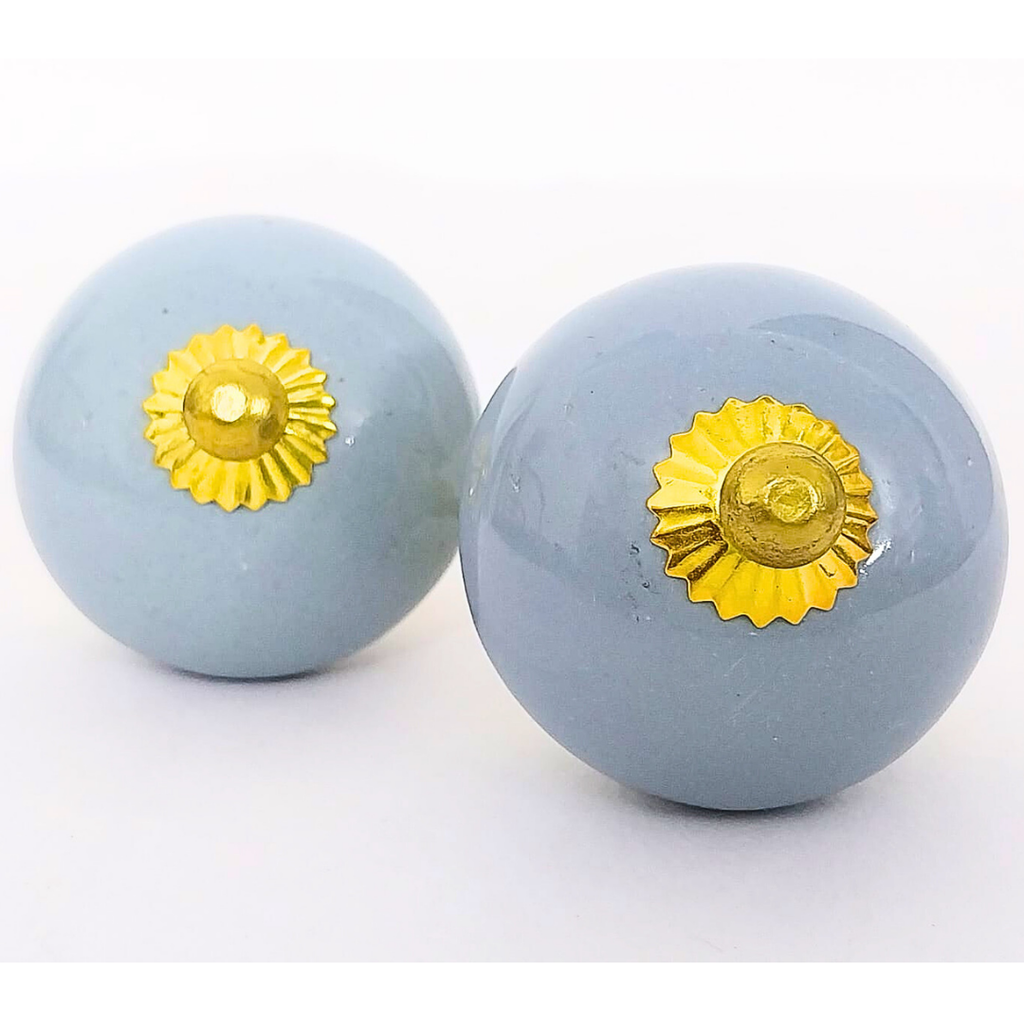 Ceramic Cabinet Knobs, Light Blue with Gold Hardware, Set of 6, Round Drawer Pulls (Rustic, Turquoise Color)