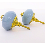 Ceramic Cabinet Knobs, Light Blue with Gold Hardware, Set of 6, Round Drawer Pulls (Rustic, Turquoise Color)